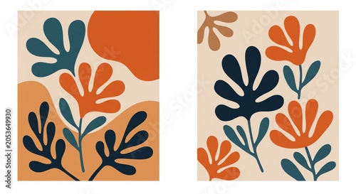 Abstract leaf shapes in orange teal and beige