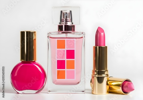 A vibrant pink lipstick and nail polish bottle stand next to a perfume bottle, captured in a clean studio shot with a bright, cheerful mood.