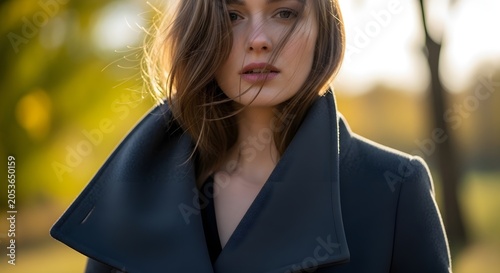 Close-up portrait of a thoughtful young woman with windblown hair wearing a stylish coat, bathed in warm autumn sunlight against a blurred golden background.
