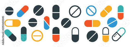 Canvas Print Medicine pills icon, capsules and tablets in minimalist outline and solid styles