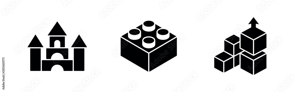 Naklejka premium Building Blocks and Toy Castle Icons Set. Construction and Creative Play Symbols. Vector Illustration.