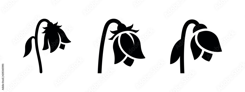 Obraz premium Wilting or Drooping Flower Icons Set. Sadness and Dying Plant Symbols. Withered Blossom Graphics.