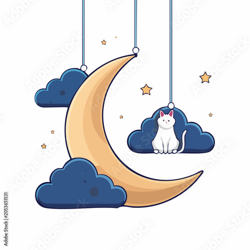 Cute white cat sitting on a cloud near a crescent moon and stars