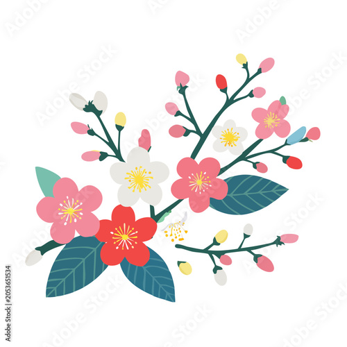 Flat design cherry blossom branch with flowers and buds