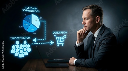 Businessman analyzing customer journey and online shopping strategy with digital sales icons and e-commerce growth chart
