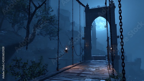 Atmospheric wooden suspension bridge at twilight in a mysterious foggy landscape.