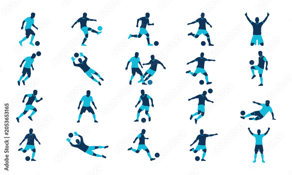Fototapeta premium Dynamic soccer player silhouettes in action, featuring athletes kicking, dribbling, tackling, goalkeeping, and celebrating a championship football match vector illustration.