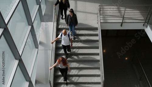 A group of young people walking down a modern staircase inside a large building with glass windows.