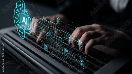 Foto Artificial intelligence using AI neural processing and circuit to transform AI data into actionable output by smart automated AI reasoning science