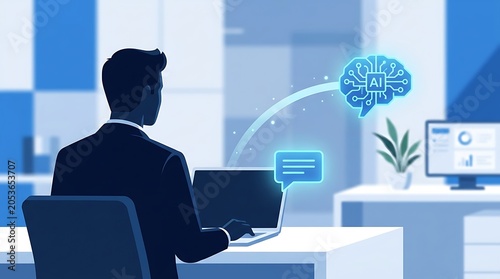 Professional using chatbot interface on laptop in office setting