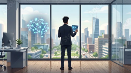 Businessman using tablet to view data in modern office skyline
