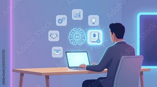 Businessman managing business processes on laptop in office