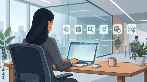 Businesswoman using laptop to manage automated workflow process icons