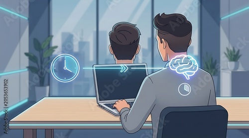 Businessman working on laptop with brain and time management icon