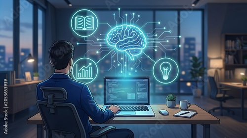 Businessman working on laptop with glowing brain and knowledge icons