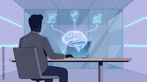 Businessman working on laptop with brain and business icons