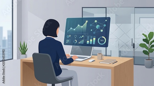 Business analyst reviewing digital data dashboard on office laptop screen