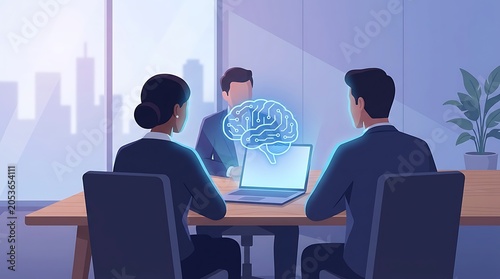 Two business professionals discussing artificial intelligence in office