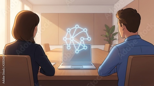 Two business professionals analyzing digital network on laptop in meeting