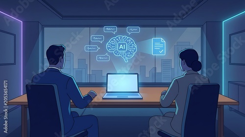 Business people discussing artificial intelligence strategy in office