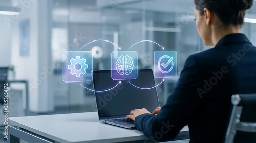 Businesswoman working on laptop with digital workflow icons