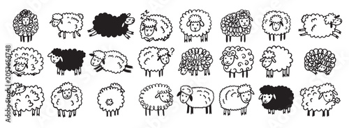 Doodle hand drawn funny cute sheep outline set. Drawing sheep