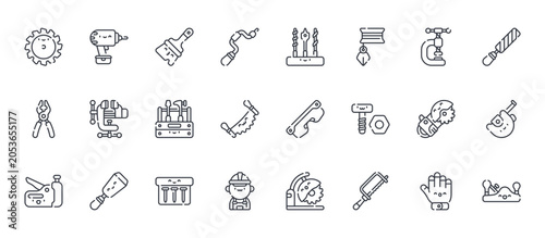 Slika na platnu 24 outline Carpentry web icons such as gloves, carpenter, power saw, vice, drill bit