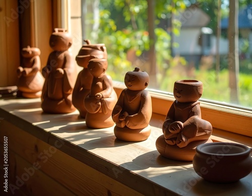 Several small clay figurines on a wooden windowsill, bathed in sunlight. A small clay pot sits nearby. The background is a blurred view