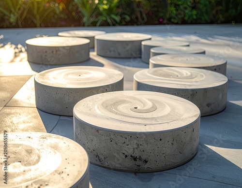 Circular concrete seating elements with spiral indentations