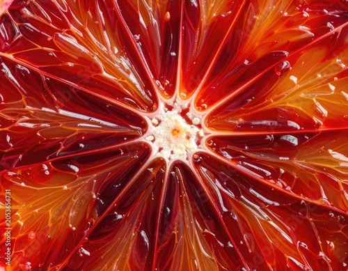 Vibrant cross-section of a blood orange, showcasing deep red and orange segments