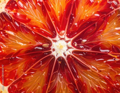 Macro view of a blood orange slice, revealing vibrant red, orange, and yellow segments
