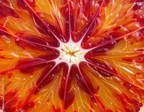 Vibrant close-up of a juicy citrus fruit slice, revealing crimson and orange segments
