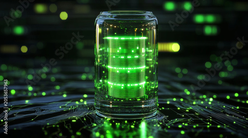 Futuristic green glowing energy cell database cylinder on a circuit board with neon lights, sci-fi technology background