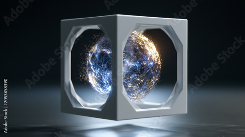 Futuristic glowing energy sphere suspended inside a white hollow cube frame 3D rendering