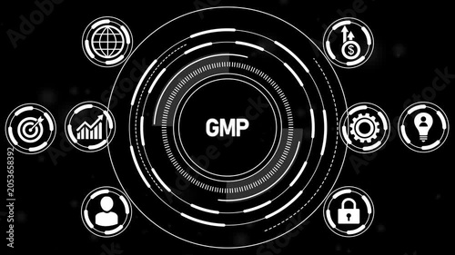 GMP - Good Manufacturing Practice concept background. Standards, Quality, Compliance, Documentation.4k animation video.