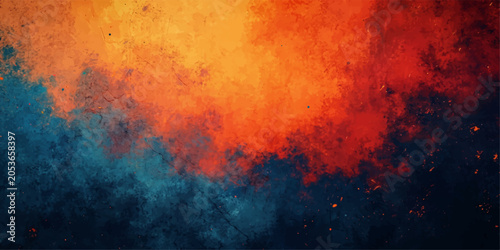 Valokuva A vibrant explosion of fiery orange and deep blue hues creates a dynamic, abstract composition, evoking a sense of powerful energy and mystery