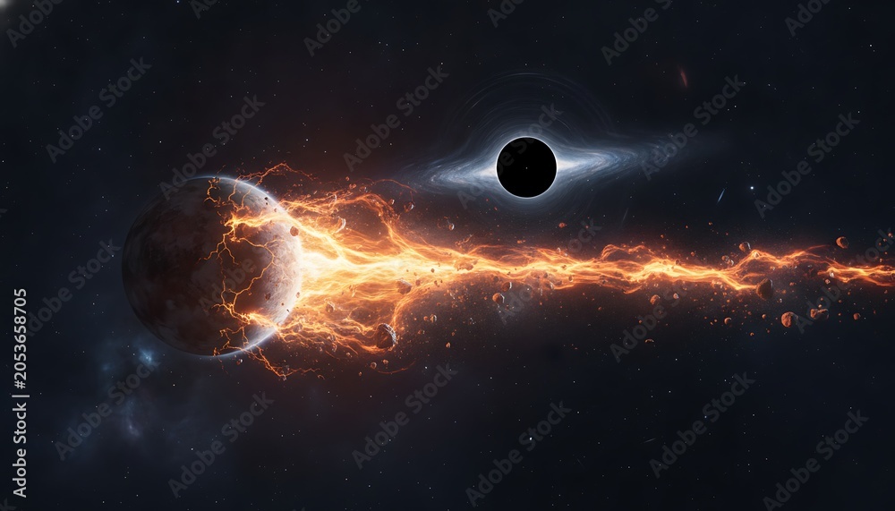 Obraz premium A planet being destroyed by a black hole in deep space, with glowing molten lava and debris streaming into the gravitational singularity