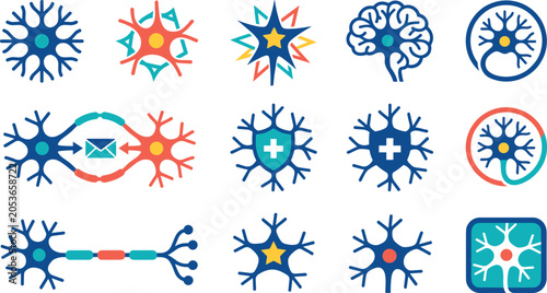 Foto Neuroscience and Neural Communication Vector Icon Set Featuring Neurons, Brain H