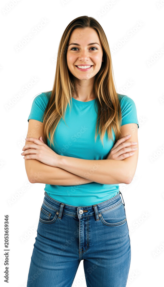 Obraz premium Smiling Woman with Arms Crossed Wearing Blue T-Shirt and Jeans