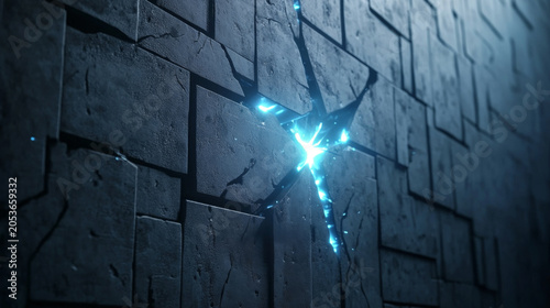 Futuristic dark stone wall with cracked surface emitting bright blue glowing light energy, abstract sci-fi background