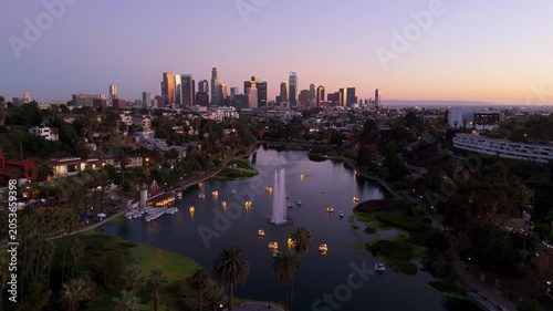 Aerial View of Echo Park Lake with Downtown Los Angeles Skyline at Sunset, California, November 25, 2025