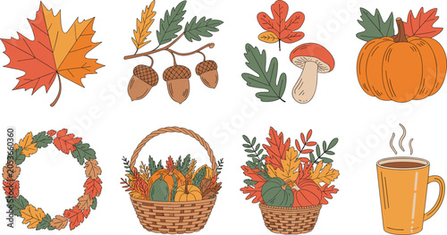 Autumn seasonal illustration set with leaves, pumpkins, acorns, wreath, baskets, and hot beverage for fall design projects