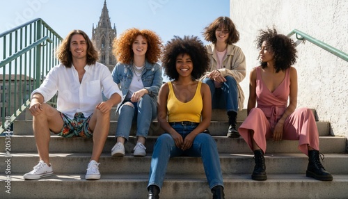 A diverse group of young adults sitting together on outdoor stairs, smiling and enjoying each other's company.