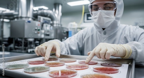 Sterile operator pressing fingertips onto agar media highlights personnel monitoring, contamination prevention and microbiological control in pharmaceutical production.