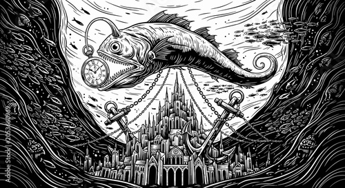 Mysterious Deep-Sea Anglerfish with Pocket Watch Hovering Over an Ancient Submerged Gothic City - Monochrome Fantasy Illustration