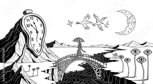 Surreal Black and White Dreamscape Illustration with Melting Clock, Woman on Bridge, Flying Birds, Moon, and Abstract Eyes