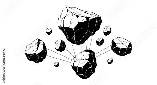 Hand-drawn stylized illustration of floating rock fragments connected by lines, forming an abstract network or system graphic in black and white.