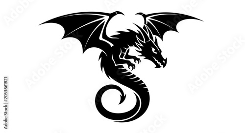 Powerful Black Winged Dragon Silhouette Vector Illustration. Mythical Fantasy Beast with Spread Wings and Coiled Tail Design.