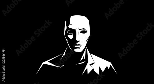 Mysterious high contrast black and white illustration of an anonymous figure with a mask-like face and deep shadows, dramatic mood.