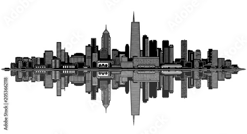 Modern city skyline reflection with symmetrical architectural buildings. Urban cityscape graphic design illustration in grayscale.
